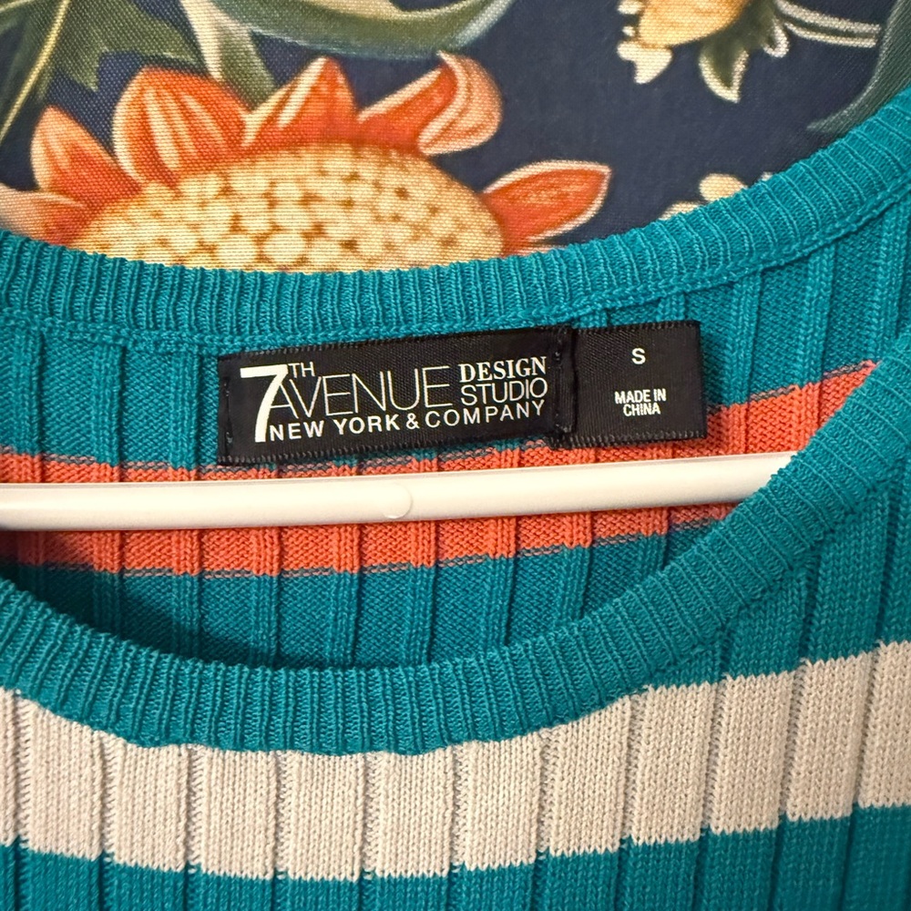 7th Avenue Teal and Coral Striped Sweater